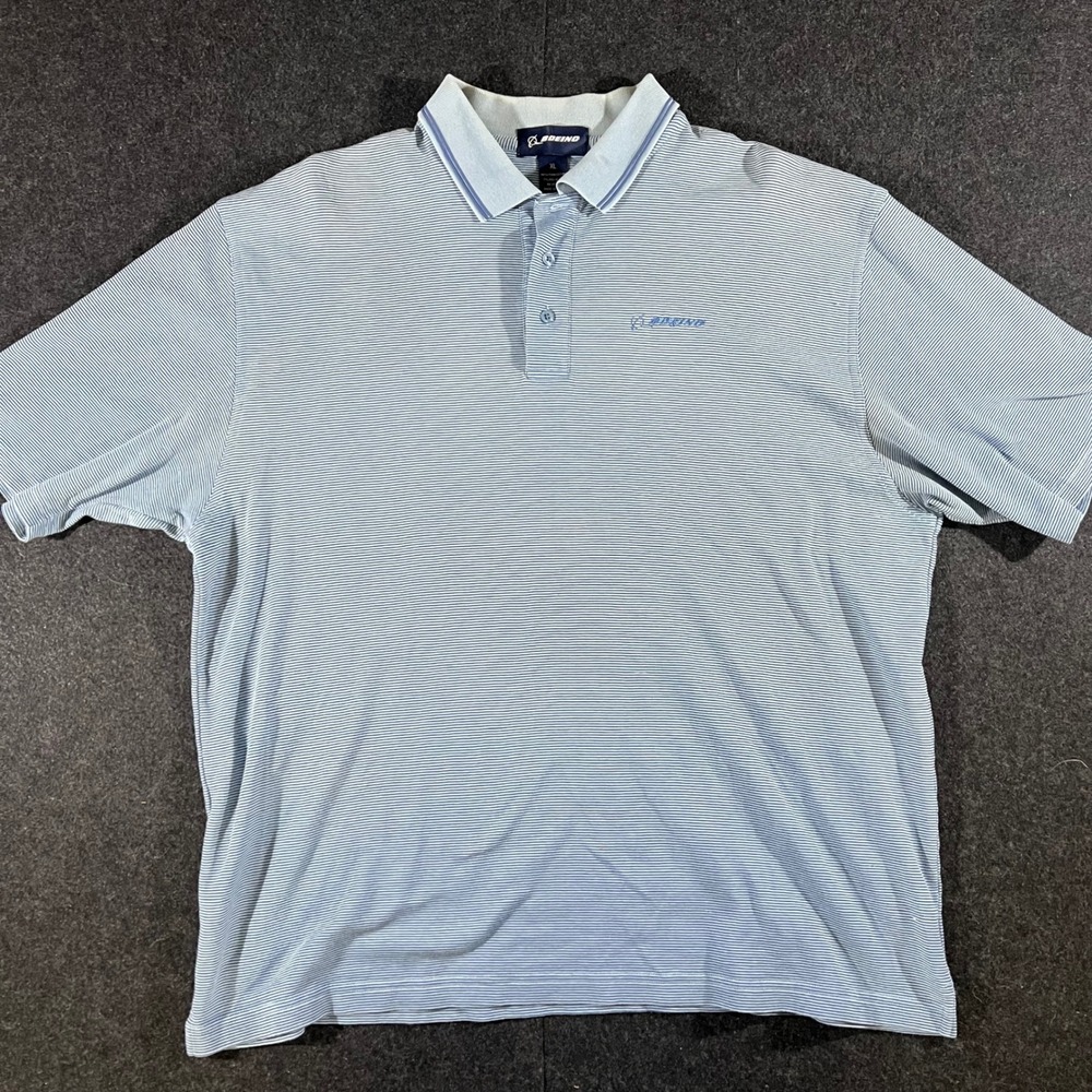 Boeing Polo Shirt Mens XL Blue Striped Logo Pima Cotton Aviation Pilot Y2K